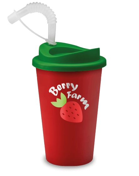 branded reusable mug in red with a straw for hot and cold drinks