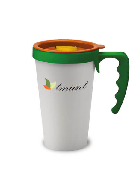 universal mugs printed and branded reusable coffee mug in white with green handles