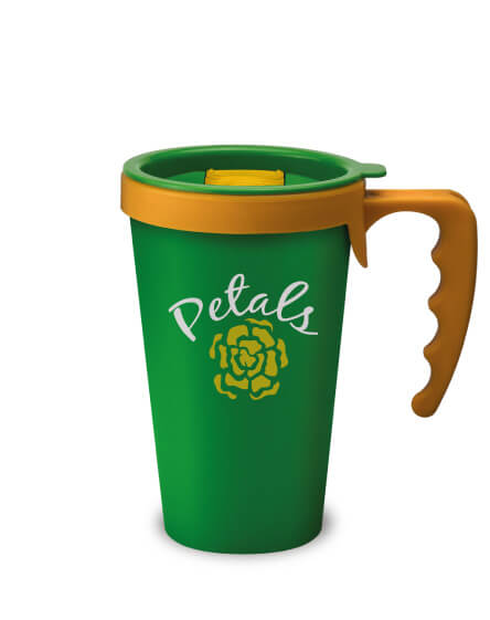 universal mugs printed and branded reusable coffee mugs green yellow handles
