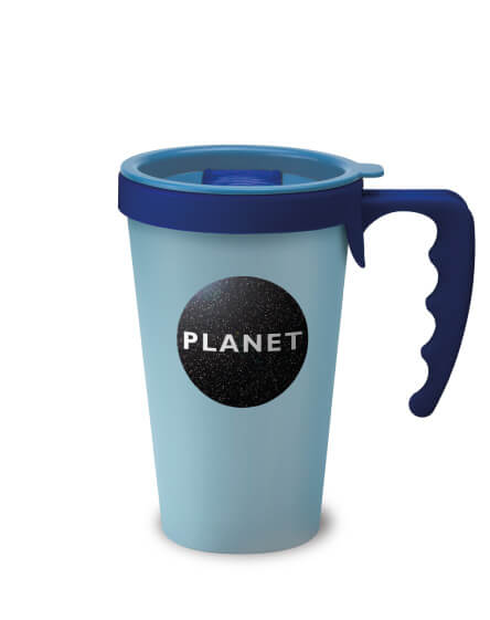 printed and branded reusable coffee travel mugs blue handles