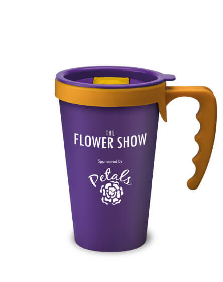 universal mugs printed and branded reusable coffee mugs in purple yellow handles