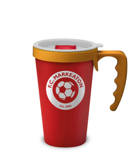 universal mugs printed and branded reusable coffee mug in red with yellow handles