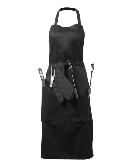 branded bear bbq apron with utensils and glove