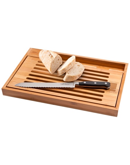 branded bistro cutting board with bread knife