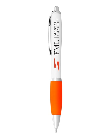 branded nash ballpoint pen white barrel and coloured grip