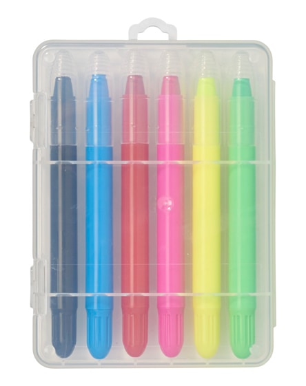 branded phiz 6 retractable crayons in plastic case