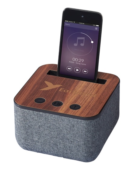 branded shae fabric and wood bluetooth speaker