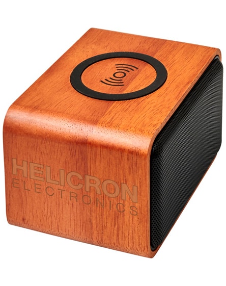 branded wooden speaker with wireless charging pad