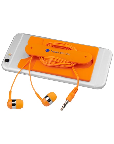 branded wired earbuds and silicone phone wallet