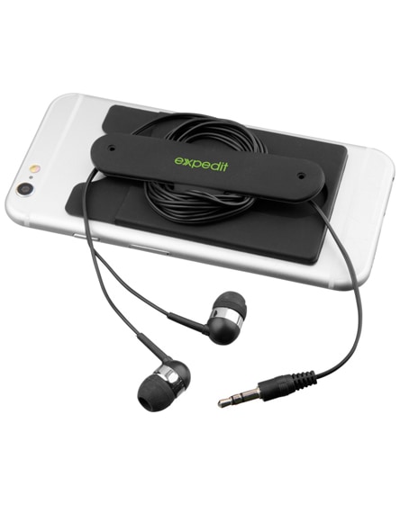branded wired earbuds and silicone phone wallet