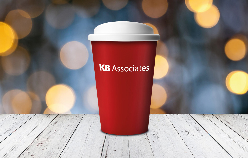 KB Associated in Dublin branded reusable coffee travel cups
