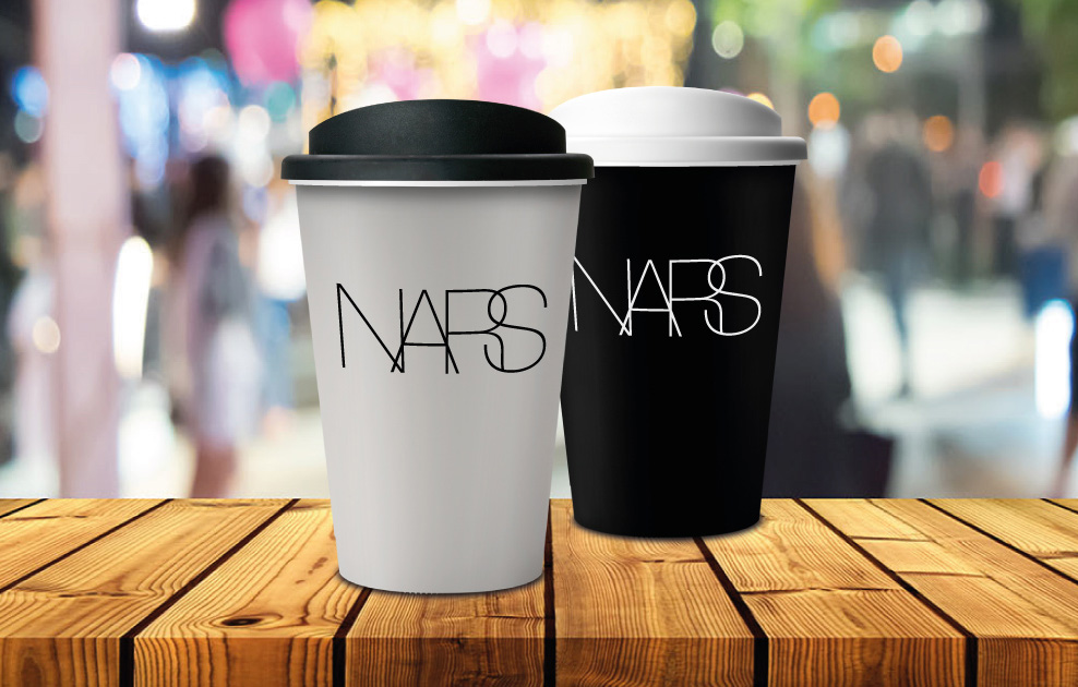 NARS London branded reusable coffee cups and mugs by Universal Mugs